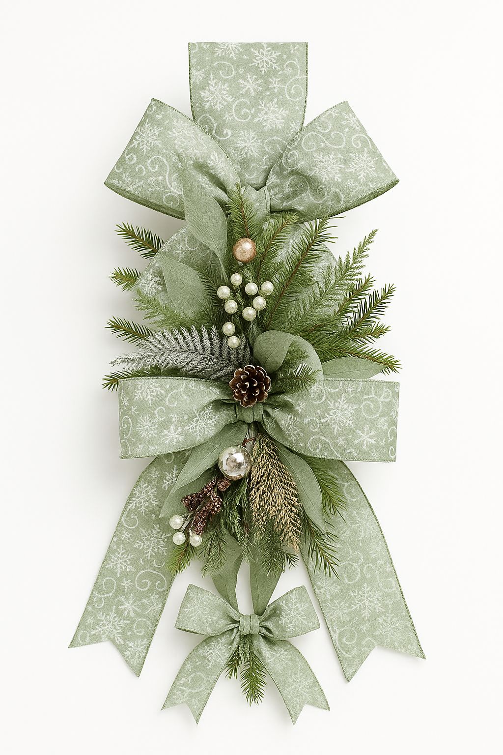 Laço Decorativo Natalino Verde com Folhagens e Pinhas