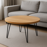 Mesa de Centro Redonda Madeira Carvalho Pés Hairpin 80cm