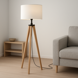 Abajur de Chão Tripé Madeira Natural com Cúpula Branca
